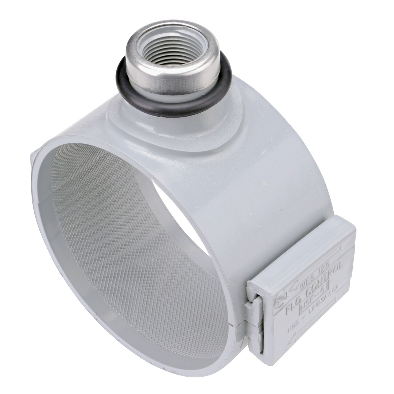 The NDS Clamp-It™ Rigid PVC Saddle for 4 in. PE pipe with 3/4 in. FPT connection on top (NDS 344007P) adds a riser or sprinkler to an existing pipeline for agricultural or mining applications