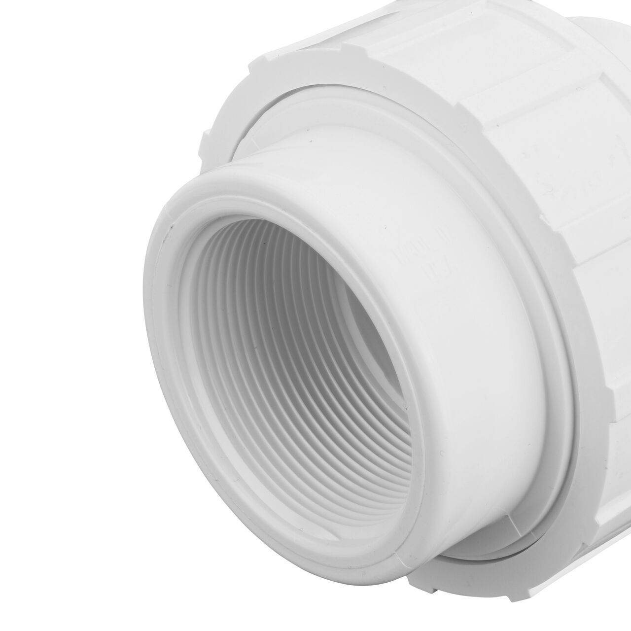Closeup view of one threaded end on the PVC Union, 2 in. Sch. 40 FPT X FPT (NDS WU-2000-T)