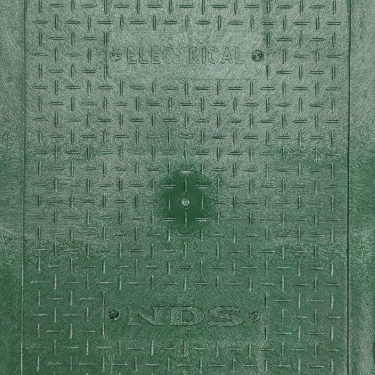 Closeup view of the Electrical markings on the Green Electrical cover (NDS 113CE) for the NDS 14 X 19 in. Rectangular Standard Series Valve Box