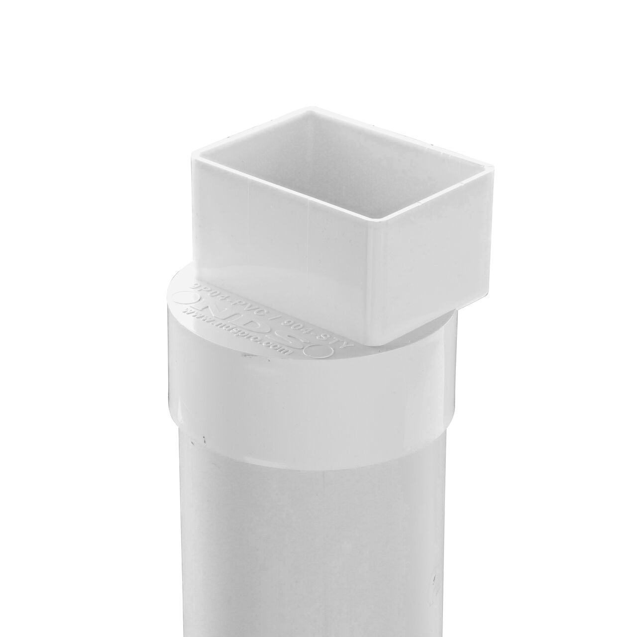 The NDS 2X3 downspout adapter (NDS 9P04) installed on 4 in. S&D pipe ready for a 2X3 downspout.