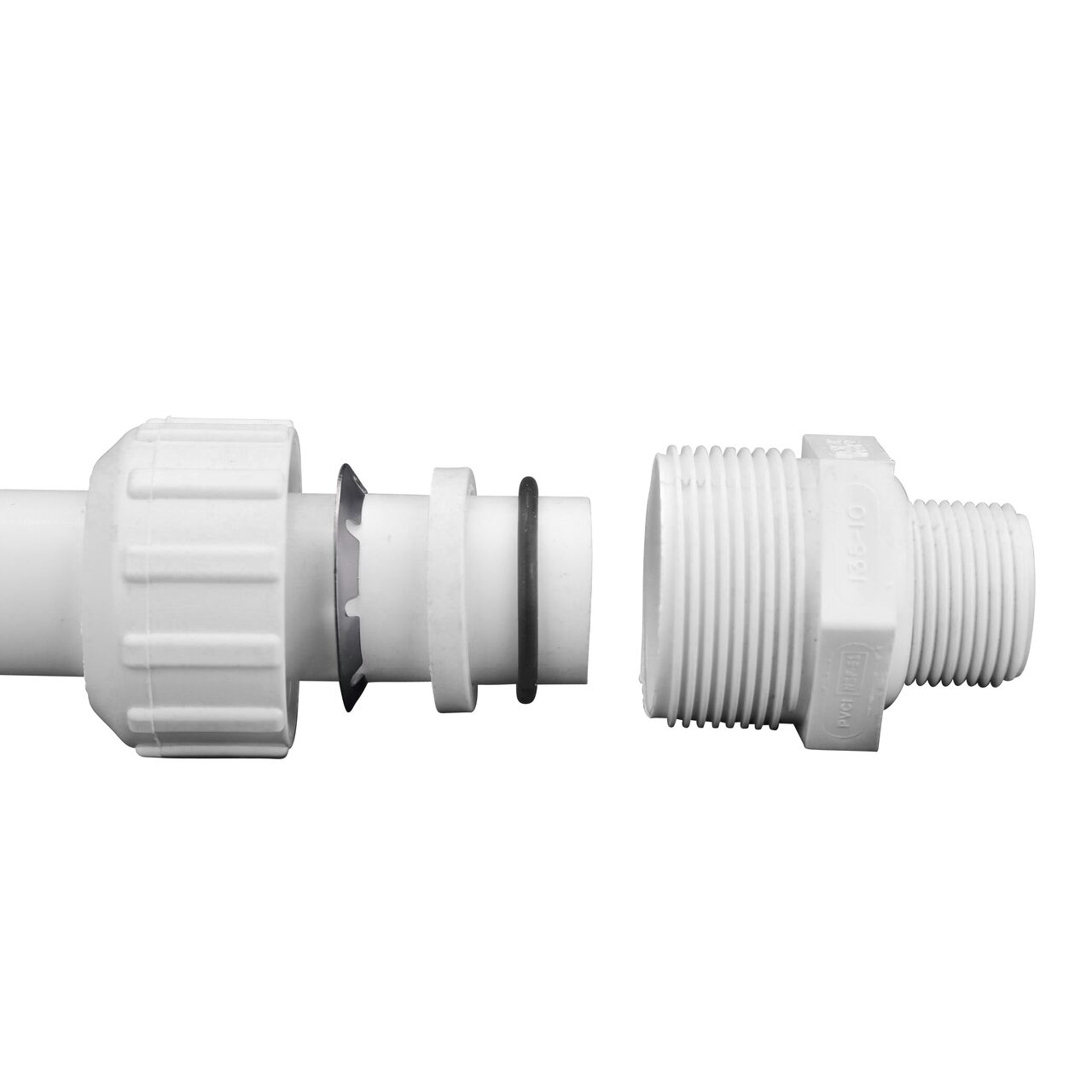Exploded view on a 1 in. Schedule 40 Pipe showing all the components of the NDS 1 in. Flo-Lock™ PVC Gripper Adapter (NDS 135-05, NDS 135-07, NDS 135-10)