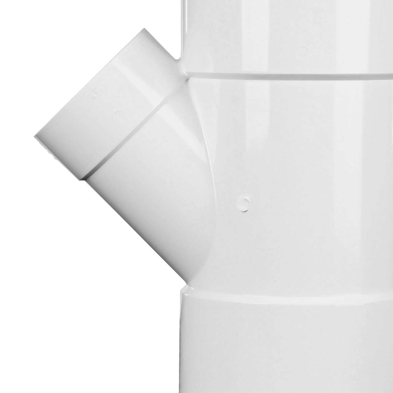 Closeup side view of the 45 degree 4 in. wye on the 6 in. NDS PVC 45 degree wye for Sewer and Drain pipes, 6 in. Hub X Hub X 4 in. Hub (NDS 64P08, NDS L64P08)
