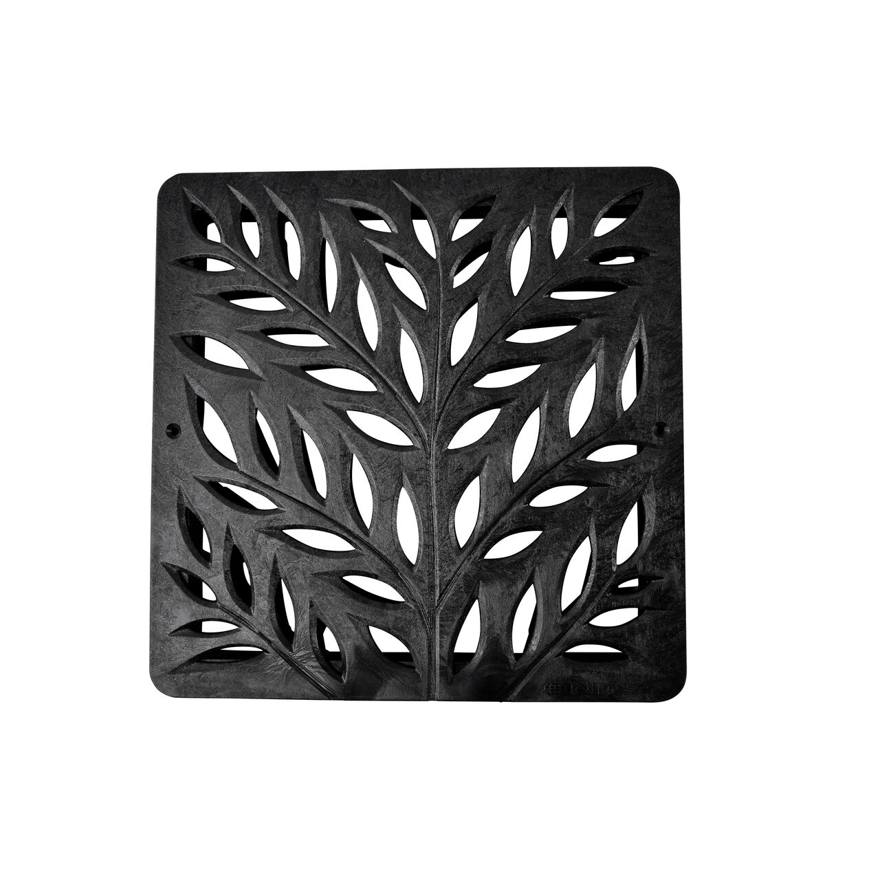 Alternate top down view of NDS 12 in. Square Catch Basin Drain Grate, Decorative Botanical Design, Black Plastic (NDS 1218) showing grate design