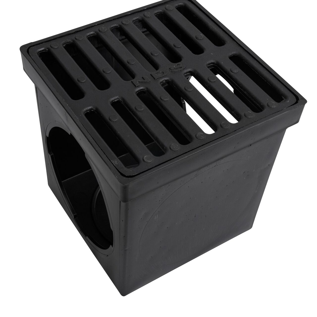 Closeup view of NDS 9 in. Square Catch Basin Drain Grate, Ductile Iron (NDS 913) on the 9 in. Catch Basin Drain (NDS 900*)