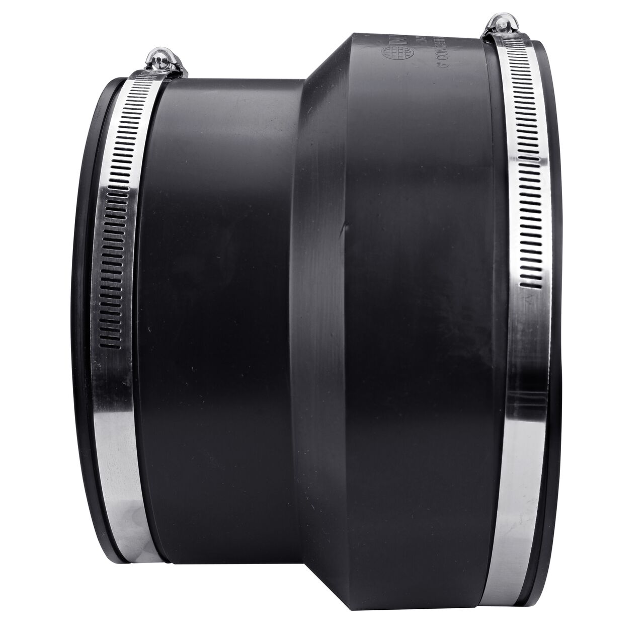 The NDS 6 in. flex coupling for concrete pipe to cast iron or plastic pipe, in horizontal position, is made with material that flexes with normal earth movement (NDS 06-66)