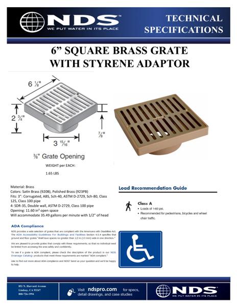 NDS 6 in. Square Brass Grate with Low Profile Adapter Tech Spec