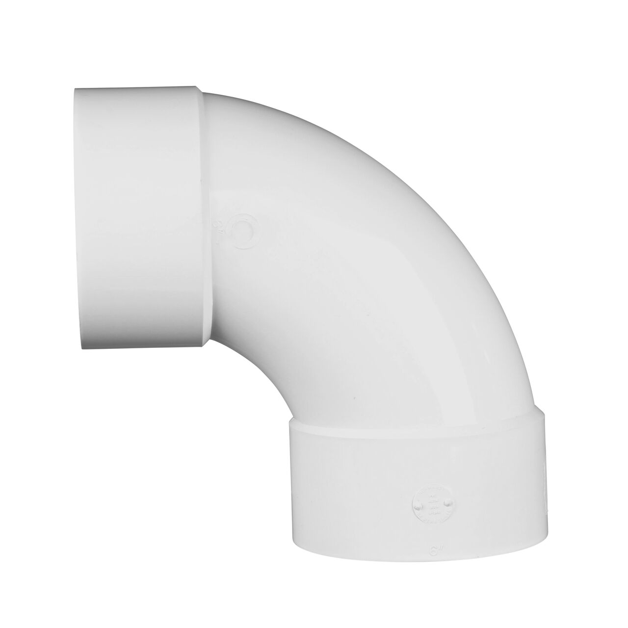 Side view of the PVC 90° long-turn elbow, which connects 6 in. Sewer and Drain pipes, Hub X Hub connection (NDS 61P0)