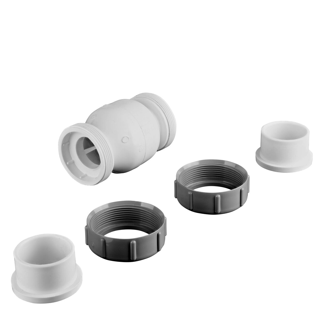 Unassembled view of the NDS White 1-1/2 in. IPS True Union Swing Check Valves where ends unscrew to remove for maintenance (NDS  1700-15)