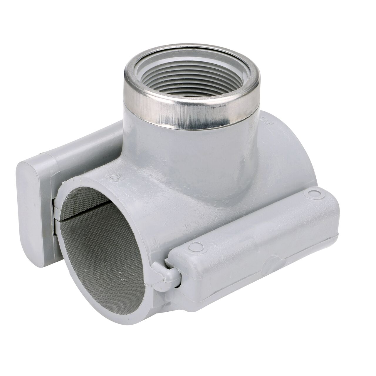 The NDS Clamp-It™ Rigid PVC Saddle with 1-1/2 in. FPT connection on top (NDS 422015) for 2 in. PVC pipe has a patented wedge design on one side and hinge on the other to install a sprinkler irrigation system to existing pipe without any bolts