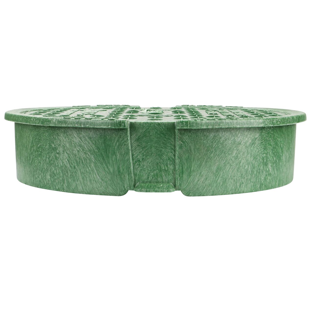 The NDS 10 in. Round Pro-Spec® Series Green Reclaimed Water Box Cover (NDS 311C) is an overlapping lid shown here from the side, that prevents dirt and debris from entering the valve box