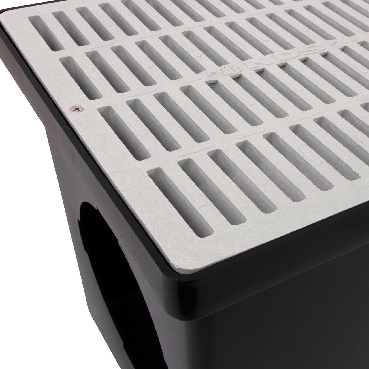 Closeup view of the NDS 12 in. Gray Square Catch Basin Grate (NDS 1210) on a Retail NDS 12 in. Catch Basin (NDS 1200*)