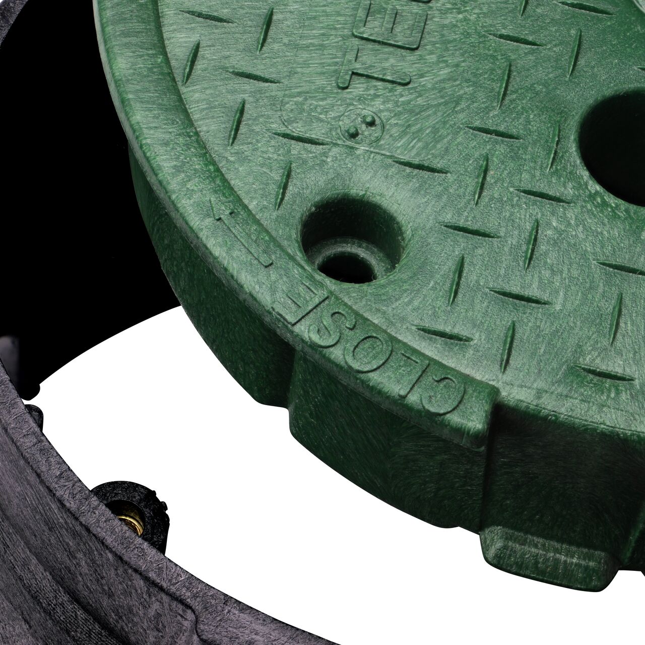Align the bolt hole on the lid with the bolt hole from the box on the NDS 10 in. Round Pro-Spec Series Black Valve Box and Green Telecom Cover (NDS 311BCBT) for a secure fit