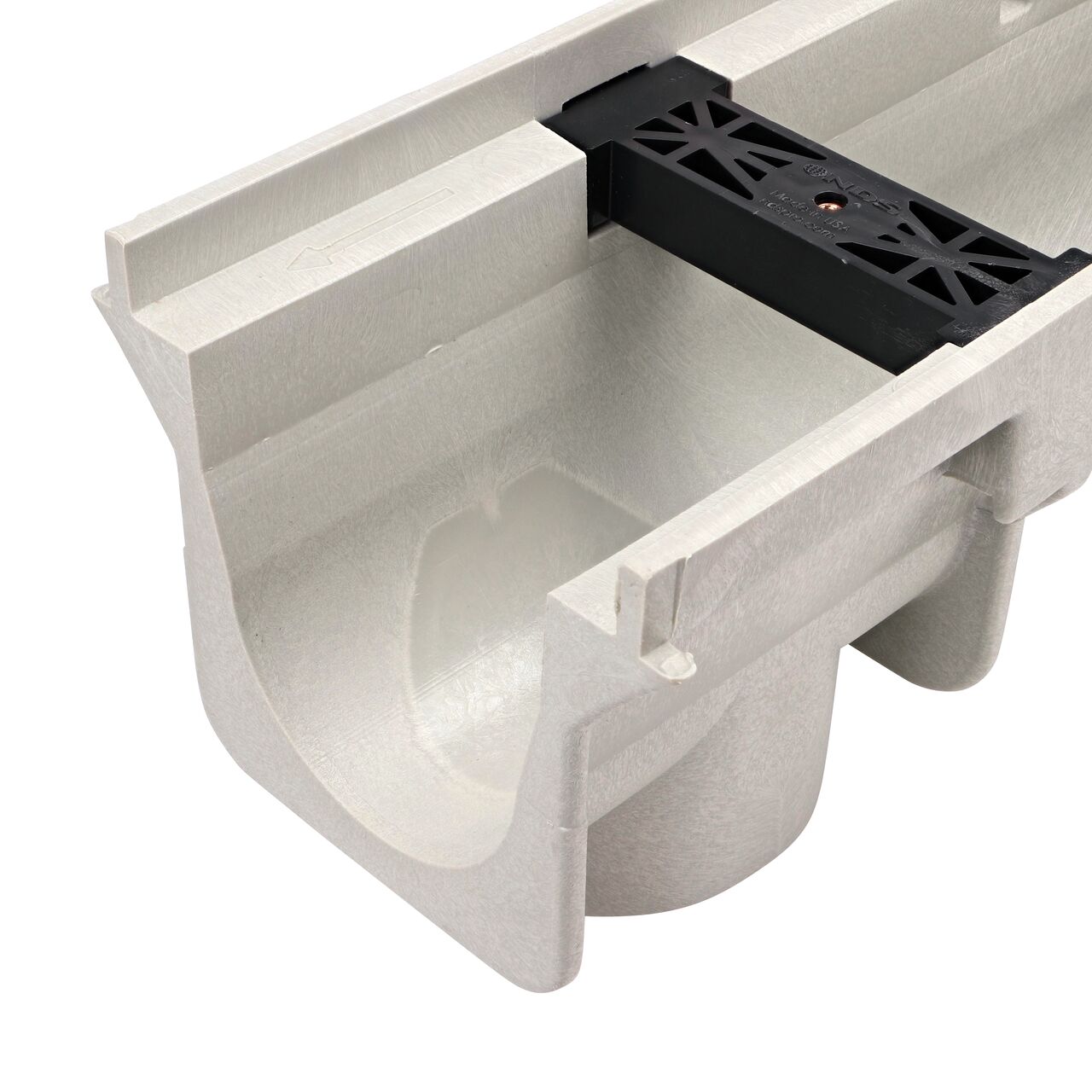 Closeup View of the NDS Dura Slope Neutral Channel Drain, 4.34 in. Deep, with tongue joints facing camera (NDS DS-103N)