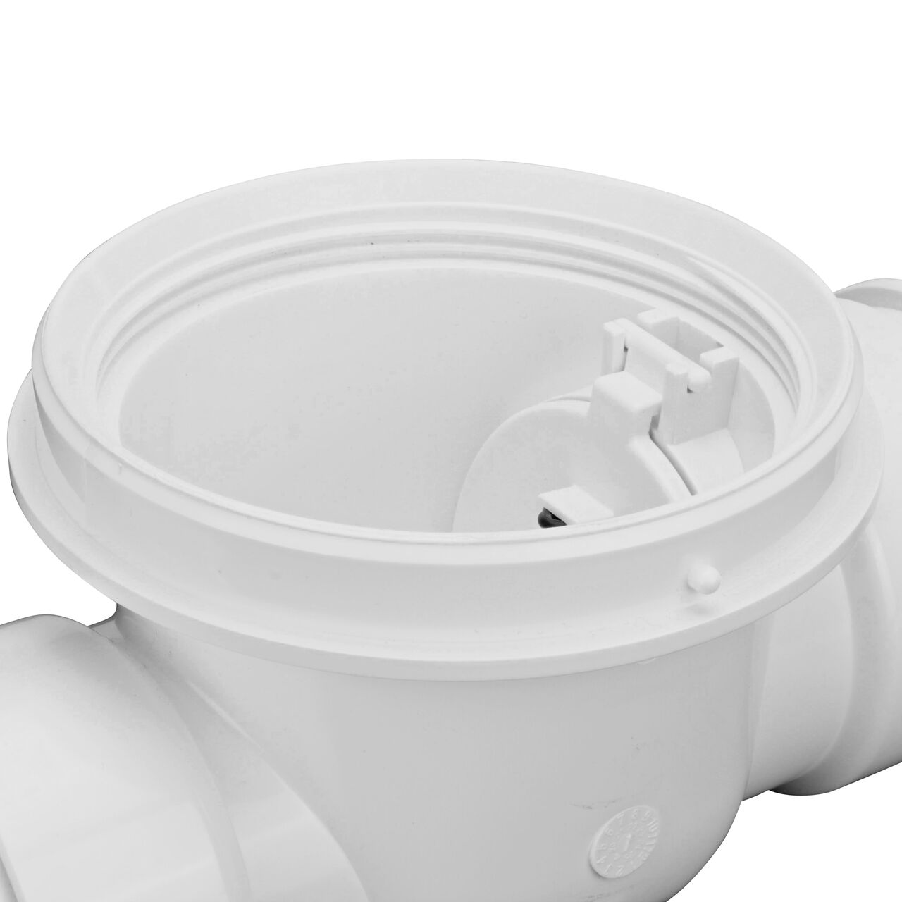 Closeup of the flapper secured inside the NDS White PVC 4 in. Backwater Valve (NDS 475P)