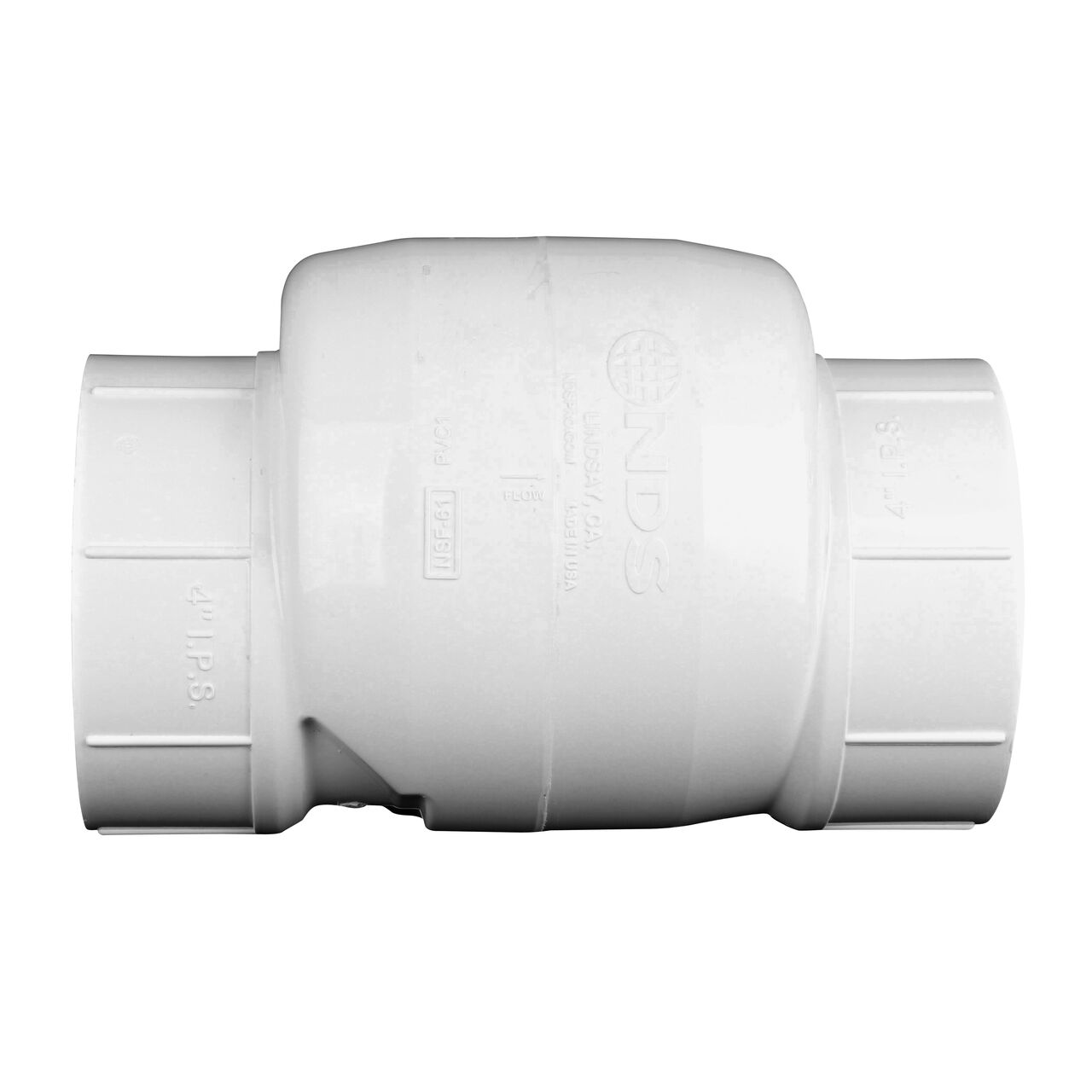 Side to side view of the NDS White 4 in. slip end by slip end PVC Swing Check Valve (NDS 1520-40) which prevents backflow in pipelines