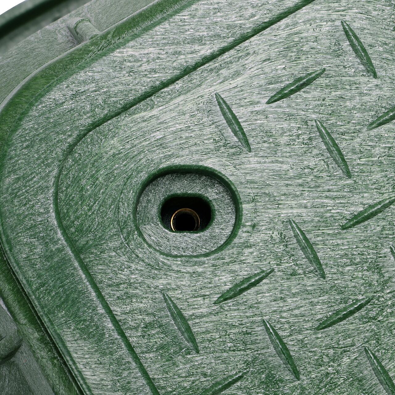 Align the bolt hole on the lid with the bolt hole from the NDS 13 in. X 24 in. Rectangular Pro-Spec® Series Green Box and Green Irrigation Control Valve Cover (NDS 322BCB) for a secure fit