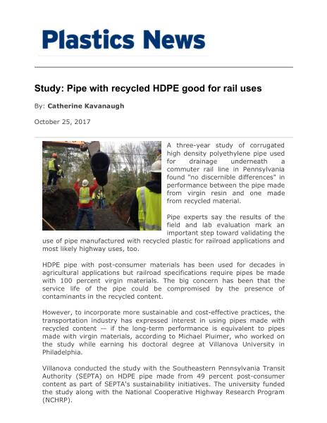 Study: Pipe with Recycled HDPE good for rail uses - Plastics News 