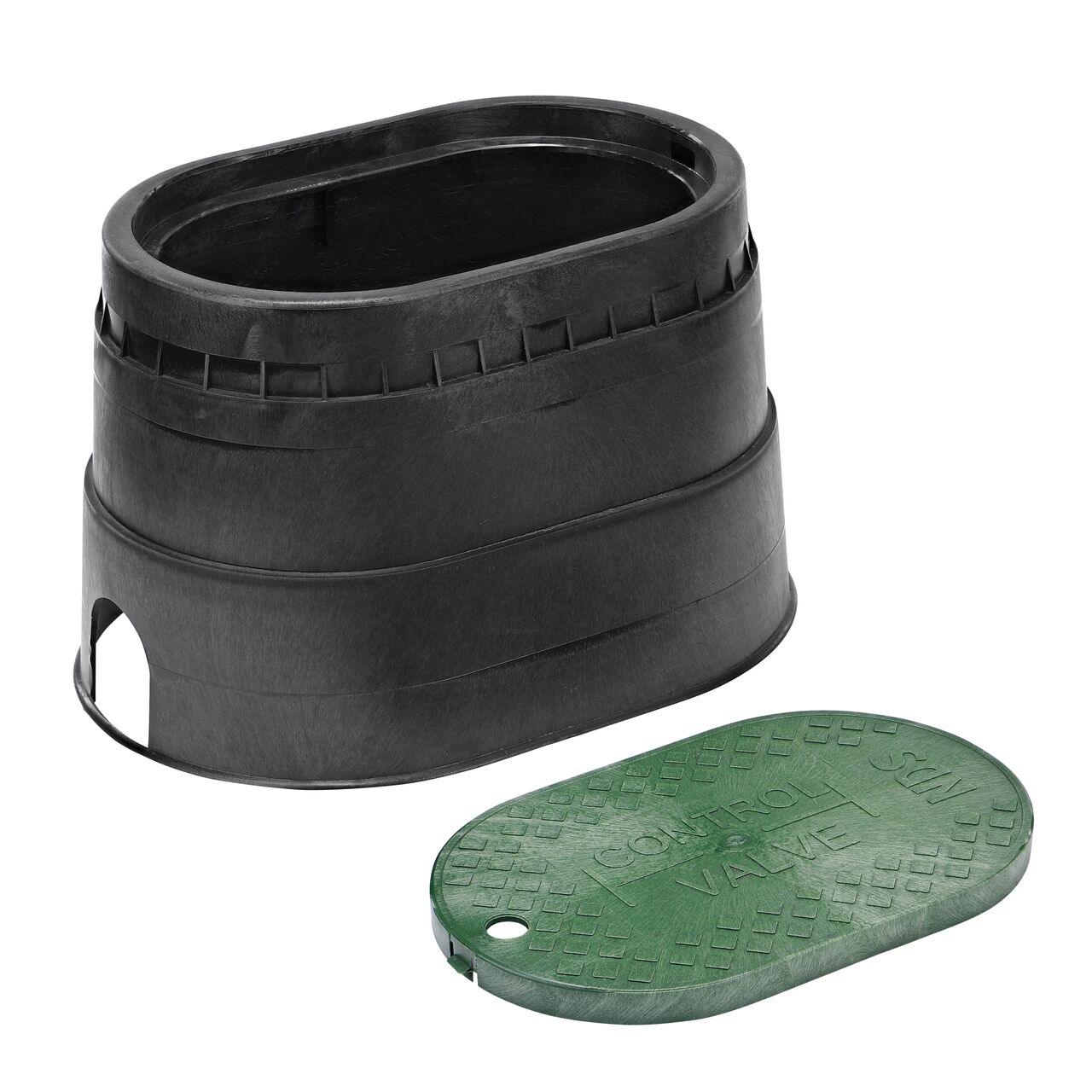 Unassembled View of the NDS 8 in. X 14 in. Black Oval Standard Series valve box and Green Control Valve Drop-in cover (NDS M4-SG)