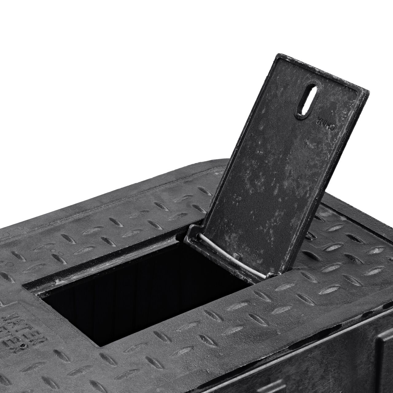 Closeup view of the Cast Iron reader door opened on the NDS 14 in. X 19 in. Rectangular Standard Series Meter Box & Cast Iron Water Meter Cover (NDS D1200-CICIR) to show how reader provides easy access to meter readers