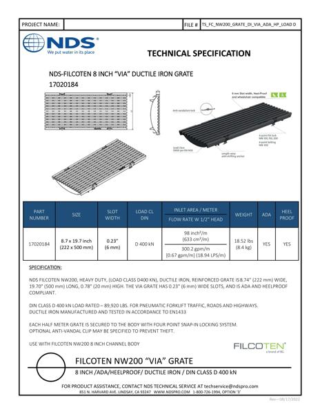 NDS BG-FILCOTEN® 200 Trench Drain Grate Decorative Via Slot Design Ductile Iron Tech Spec