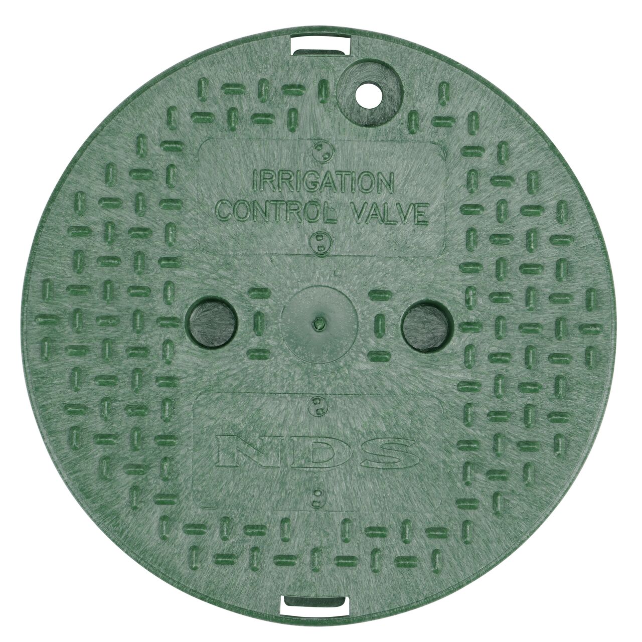 Top down view of the top side of the green irrigation control valve cover for the NDS 10 in. Round Standard Series (NDS 112BCB) shows markings, two finger slots to twist and remove lid