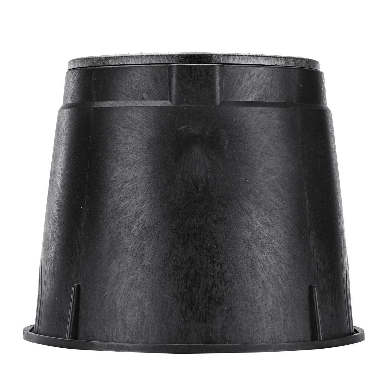 Side view of the non pipe hole side of the NDS 10 in. Round Standard Series Valve Box & Water Cover (NDS 111BCBW) which is engineered for superior strength with structural reinforcing ribs