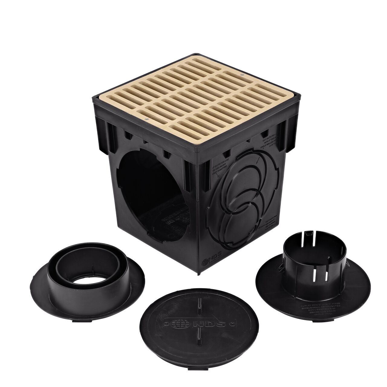 Unassembled view of the NDS 9 in. Catch Basin Drain Kit with sand plastic grates (NDS 900SKIT), pipe adapters and plug, for multiple set-up choices for your stormwater drainage needs