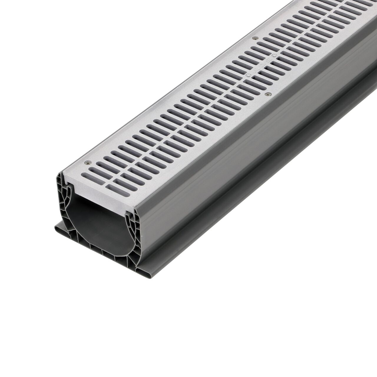 Closeup of the NDS Spee-D® Channel Drain (NDS 400) with Retail Gray Grate (NDS 241-1*) installed for driveways, concrete patios, pool areas, and walkways