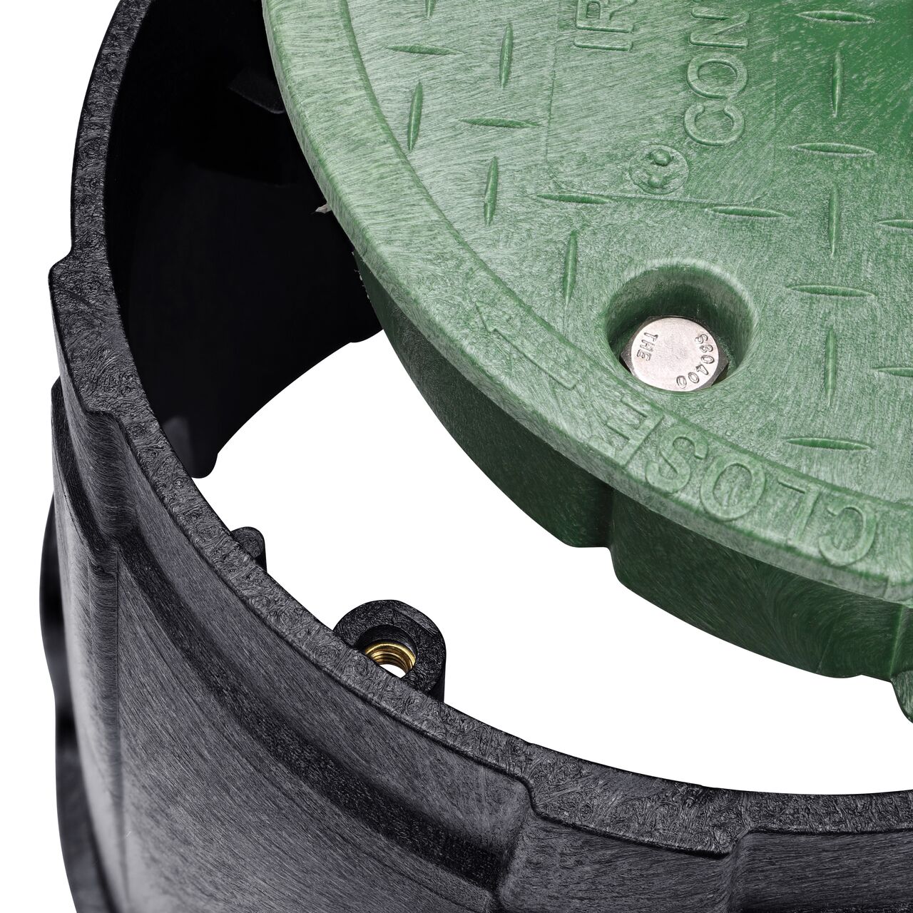 Align the bolt hole on the lid with the bolt hole from the NDS 10 in. Round Pro-Spec® Series Black Box and Green Irrigation Control Valve Cover (NDS 311BCB) for a secure fit