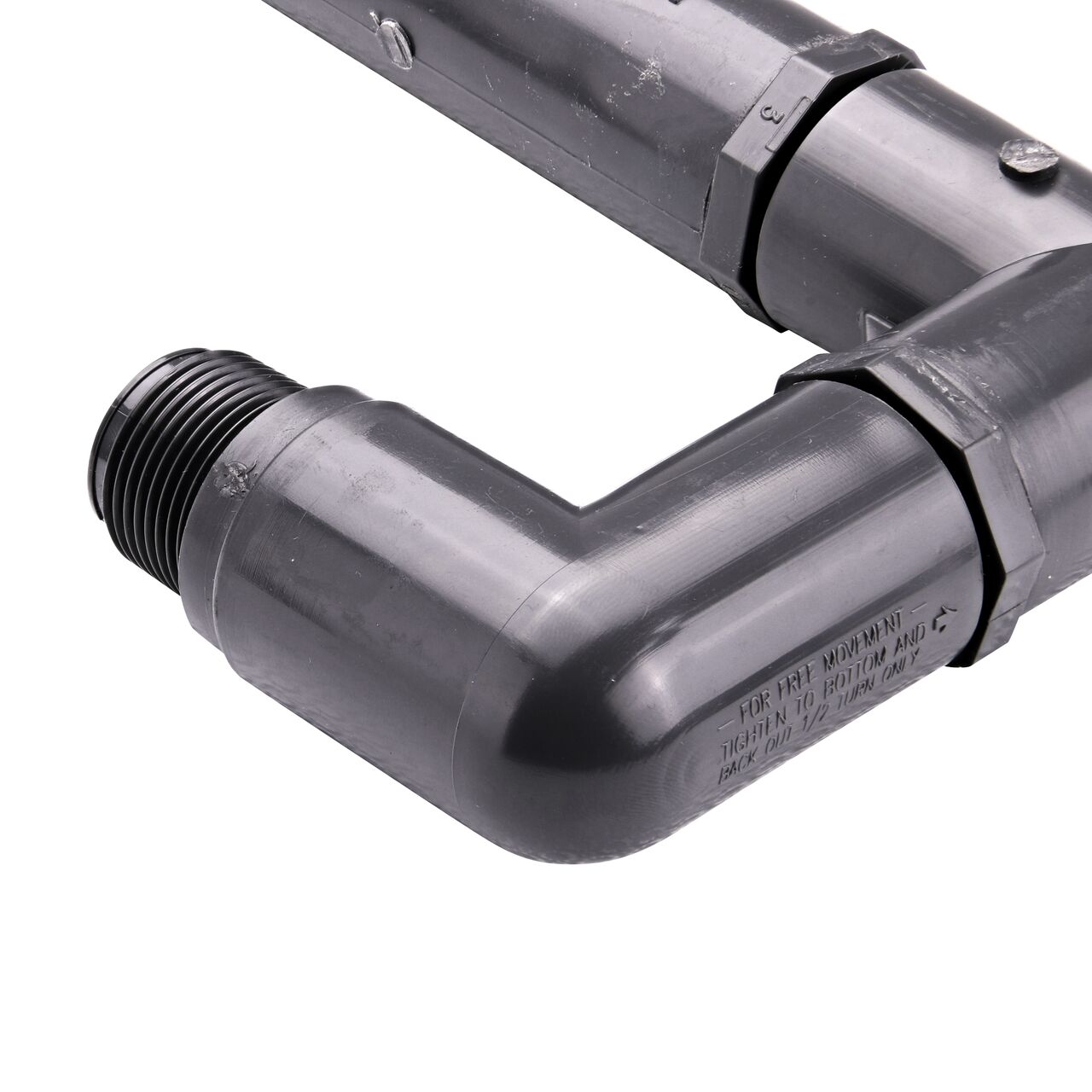 Closeup view of the 3/4 in. MPT end on NDS PVC Triple Swing Joints Assembly, Sch. 80 3/4 in. MPT that connects pipe for subsurface irrigation and sprinkler applications (NDS TSA-0750-TT)