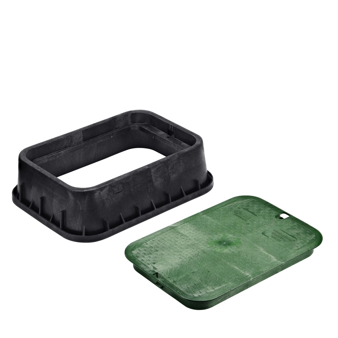 Unassembled View of the NDS 13 in. X 20 in. Black Rectangular Standard Series Jumbo Tapered extension valve box and Green Irrigation Control Valve overlapping cover (NDS 119TBC)