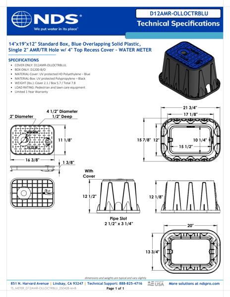 NDS 14 in. X 19 in. Rectangular Meter Box and Locking AMR Cover, 12 in. Height, Black Box, Blue Water Meter Cover with 2 in. Touch Reader Hole, 4 in. Recess Tech Spec