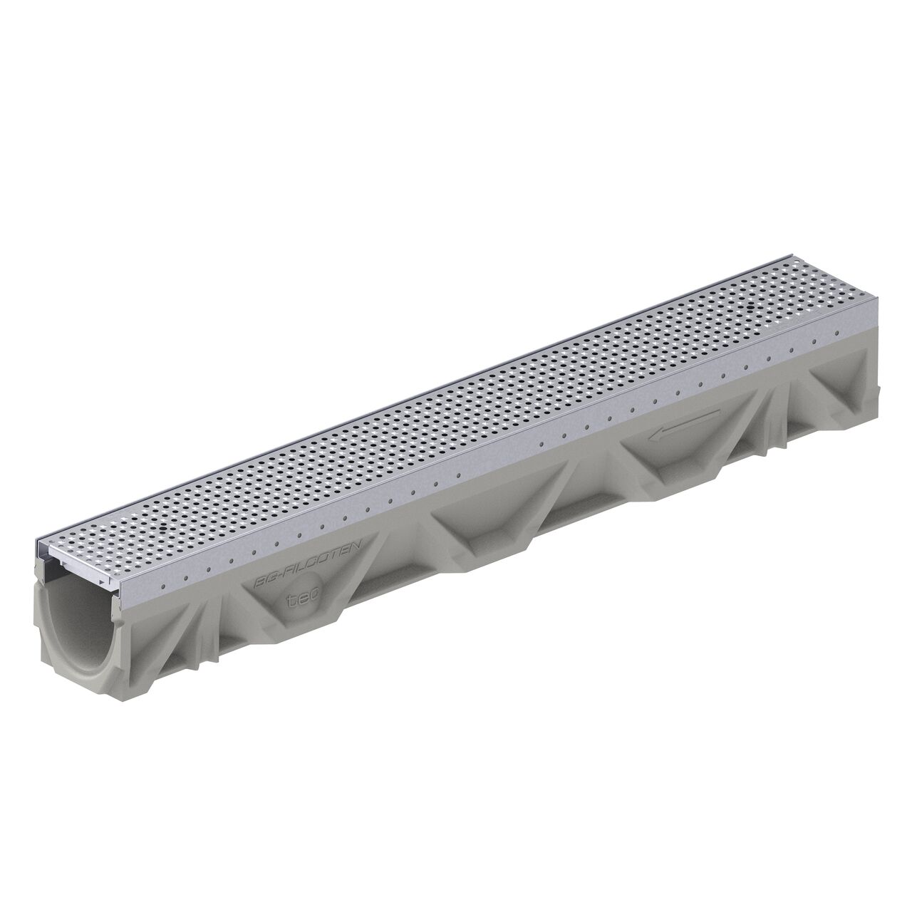 One class C perforated design galvanized steel BG-FILCOTEN® 100 Trench Drain Grate (NDS 17010228) installed on the BG-FILCOTEN® 100 Trench Channel Drain with female end showing