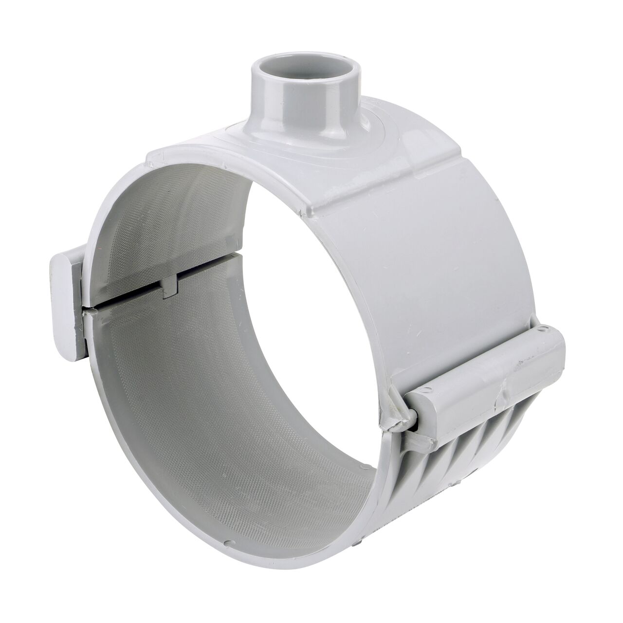 The NDS Clamp-It™ Rigid PVC Saddle with 1-1/2 in. slip connection on top (NDS 458015) for 8 in. PVC pipe has a patented wedge design on one side and hinge on the other to install a sprinkler irrigation system to existing pipe without any bolts