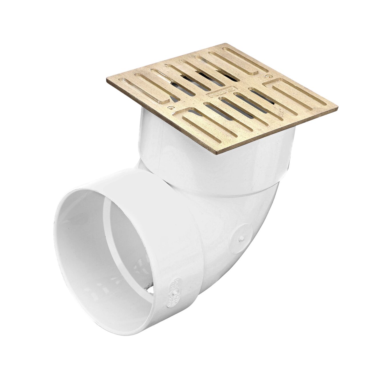 NDS Satin Brass and plastic 5 in. Square Grate fits 3 in. Drain Pipes & 4 in. Fittings installed on 4 in. S&D Fitting Elbow (NDS 913B*, NDS 913B)