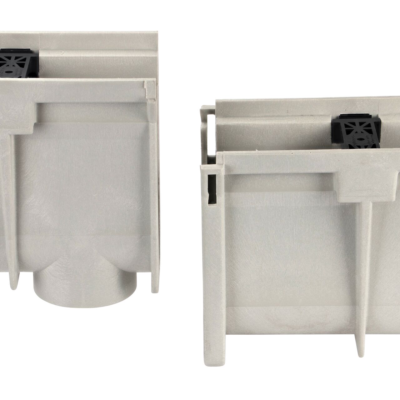 Lift the male end on the channel to lock into the female end of the next size channel of the Dura Slope™ Channel Drain system shown here with deeper drains (NDS DS-103, NDS DS-103N, NDS DS-104, NDS DS-105, NDS DS-106, NDS DS-106N, NDS DS-107, NDS DS-108, NDS DS-109, NDS DS-109N, NDS DS-110, NDS DS-111, NDS DS-112, NDS DS-112N, NDS DS-113, NDS DS-114)
