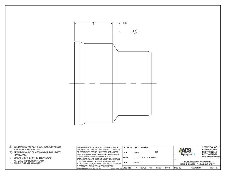 12" Unsanded Manhole Adapter - HP Bell x SWR Spigot Nyloplast Detail