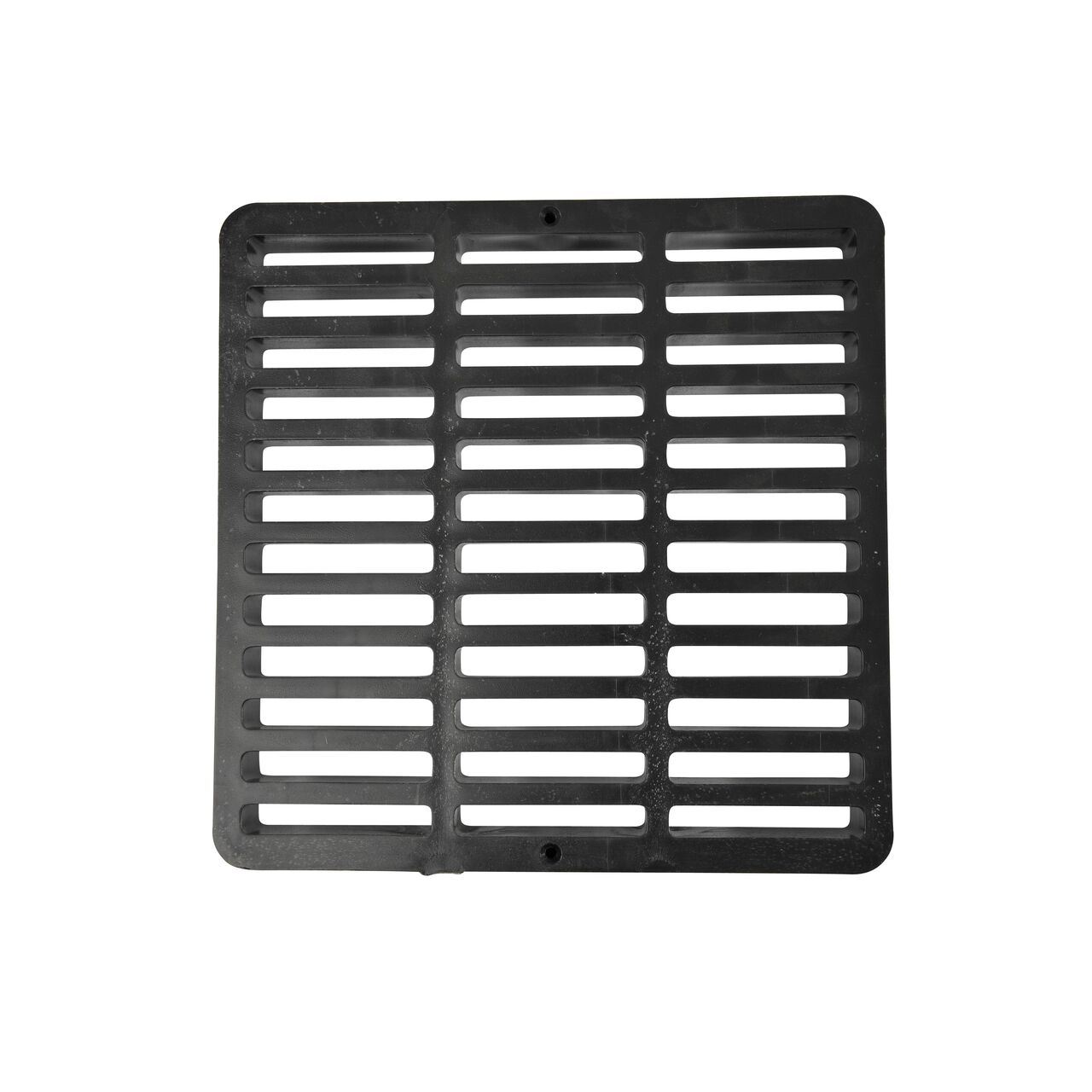 Top down view of the Black Plastic 9 in. Square Catch Basin Drain Grate (NDS 980)