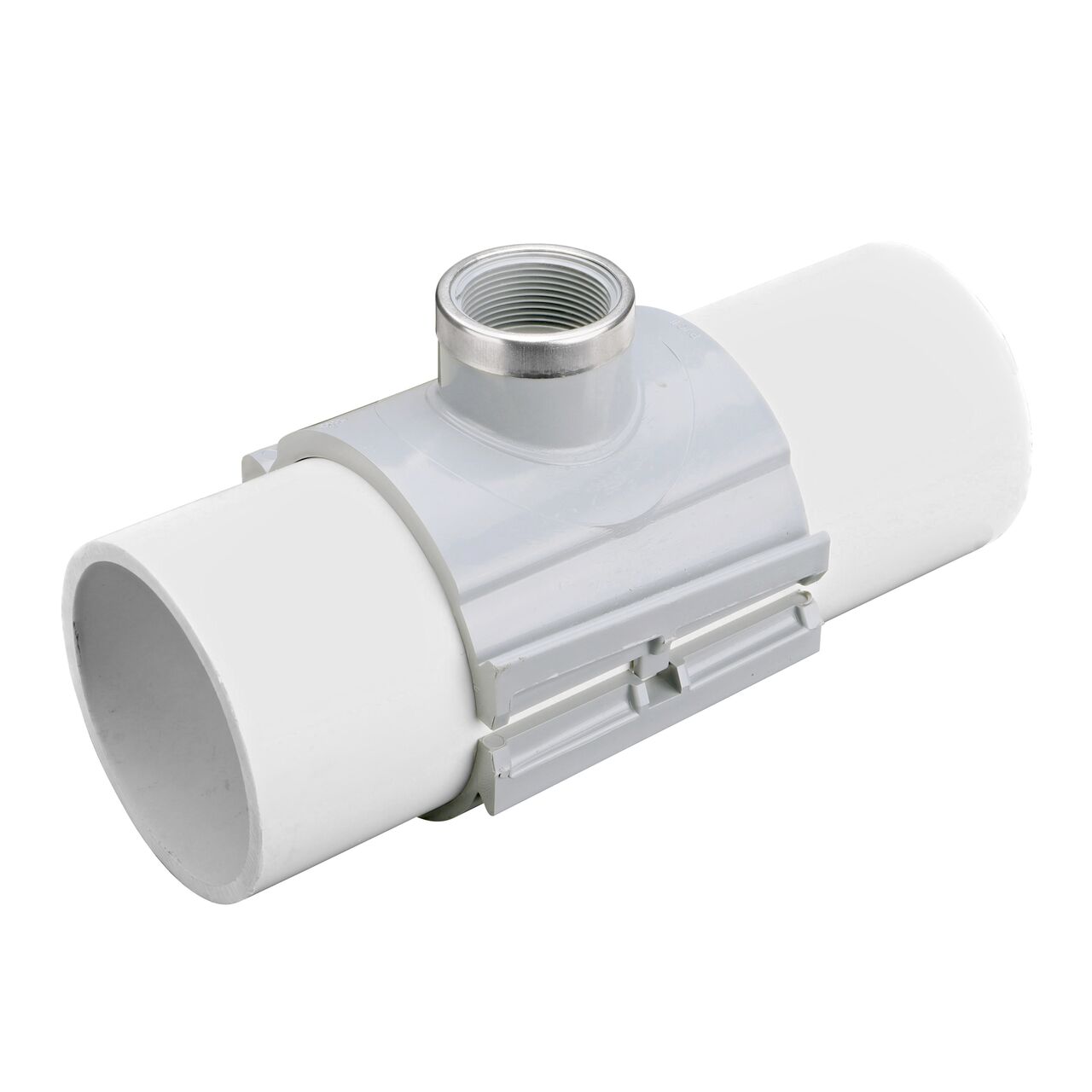 The NDS Clamp-It™ Rigid PVC Saddle with 1-1/2 in. FPT connection on top (NDS 444015) clamps onto 4 in. PVC pipe