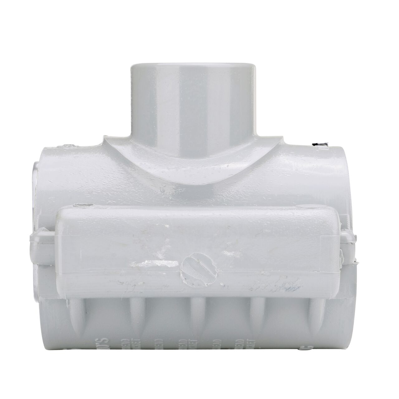 Side view showing hinged side of the NDS Clamp-It™ Rigid PVC Saddle with 1 in. slip connection on top (NDS 432010) for 2 in. PVC pipe