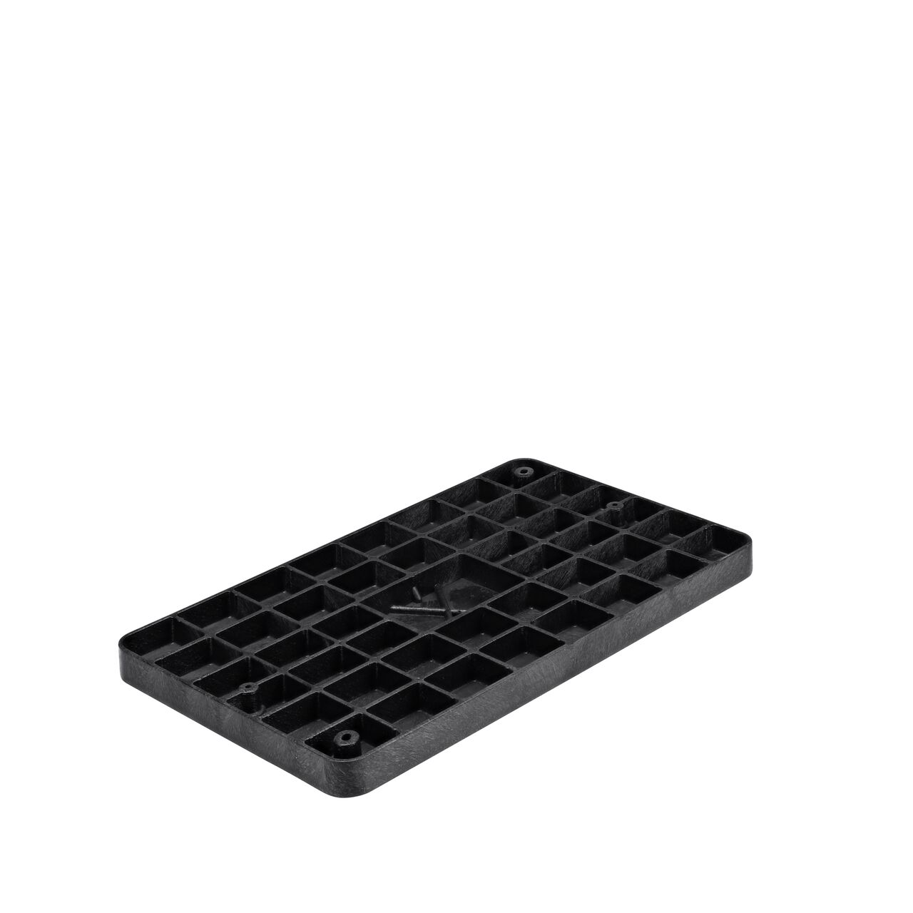 Bottom view of the reinforced ribs on the NDS 17 in. X 30 in. black water cover (NDS 323CDW) that fits the NDS 17 in. X 30 in. Pro-Spec® Series Valve Box