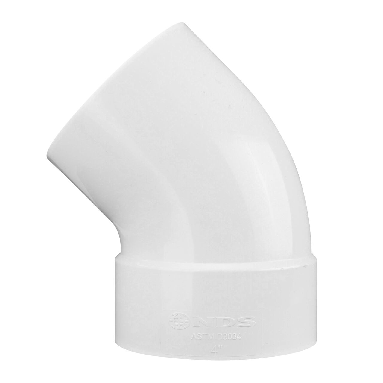 Side view of the NDS PVC 45° street elbow, which connects 4 in. Sewer and Drain pipes and has a Hub X Spigot connection (NDS 4P03ST, NDS L4P03ST)