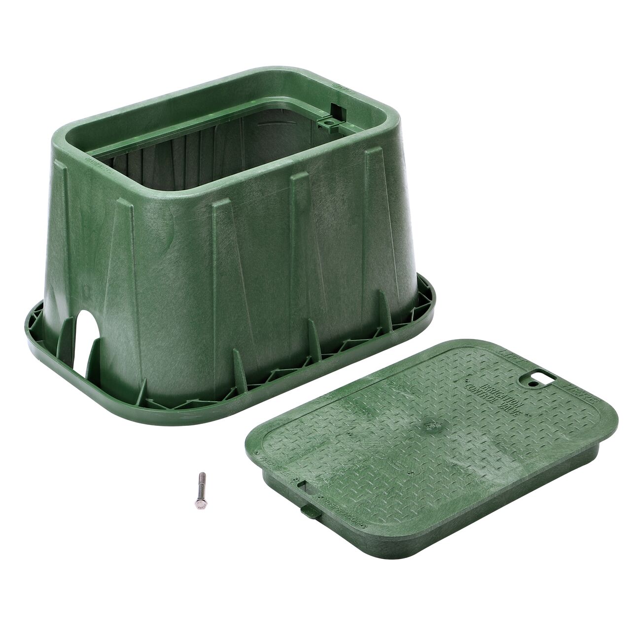 Unassembled View of the NDS 14 in. X 19 in. Green Rectangular Pro-Spec® Series valve box, bolt, and Green Irrigation Control Valve bolt down cover (NDS 314BCB) with universal locking mechanism enabling a variety of bolts and screws to be used to secure the covers.