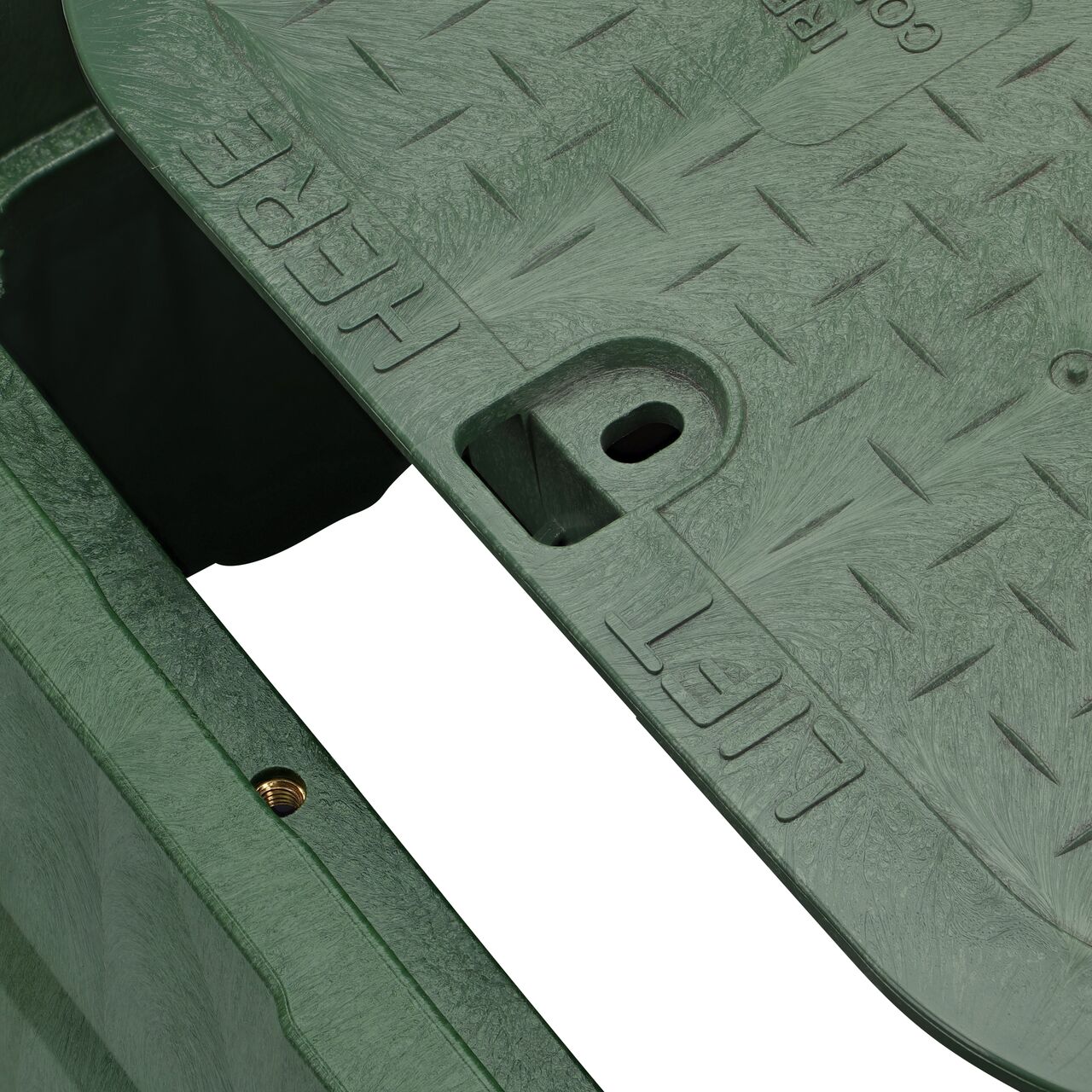 Align the Bolt hole on the lid with the bolt hole from the NDS 13 in. X 20 in. Rectangular Pro-Spec® Series Green Box and Green Irrigation Control Valve Cover (NDS 318BCB) for a secure fit