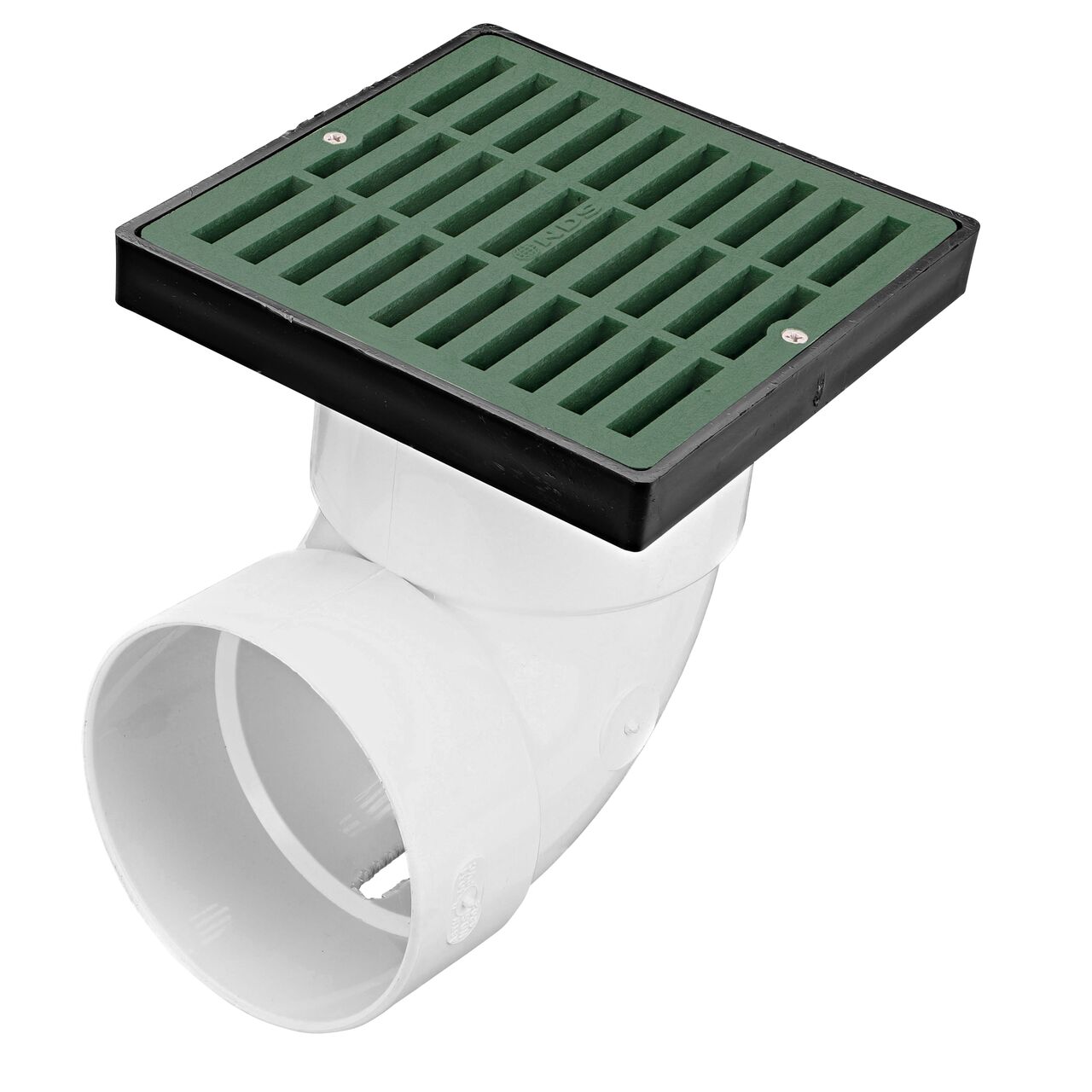 NDS green plastic 6 in. Square Grate Fits 3 & 4 in. Draing Pipes and Fittings installed on 4 in. S&D Elbow (NDS 641)