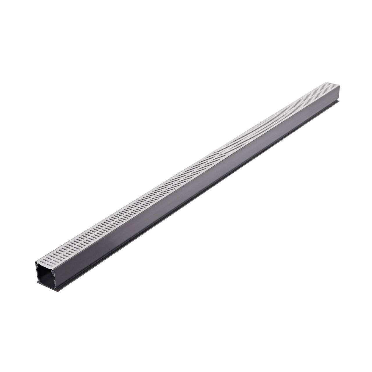 Two Gray Plastic Mini Channel™ Drain Grates (NDS 541-1*, NDS 541) as they fit on one Mini Channel™ Drain (NDS 500)