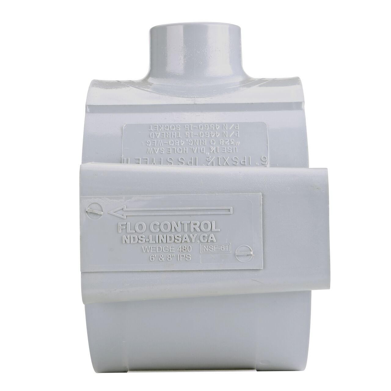 Side view showing patented wedge design in locked position on the NDS Clamp-It™ Rigid PVC Saddle with 2 in. slip connection on top (NDS 456020) for 6 in. PVC pipe