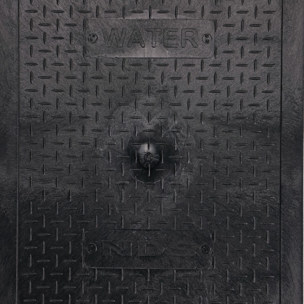 Closeup view of the Water markings on the Black Water cover for the NDS 14 in. X 19 in. Rectangular Standard Series Valve Box (NDS 113BCW)