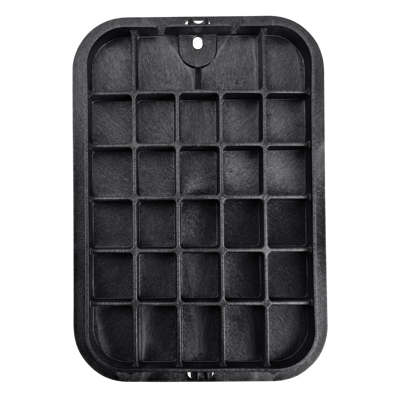 Top down view of the underside side of the Black Water cover (NDS 313BCBWBLK) for the NDS 14 in. X 19 in. Rectangular Pro-Spec® Series valve box, showing reinforcing ribs that are load rated to withstand pedestrian traffic and the rigors of lawn care equipment