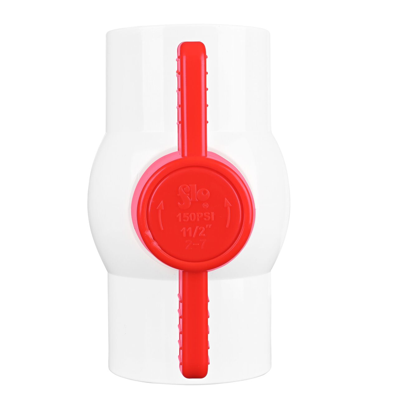 Closeup of the NDS IPS Ball Valve showing that the handle is made of durable PVC material perfect for irrigation or other pressurized system (NDS E1320-15)